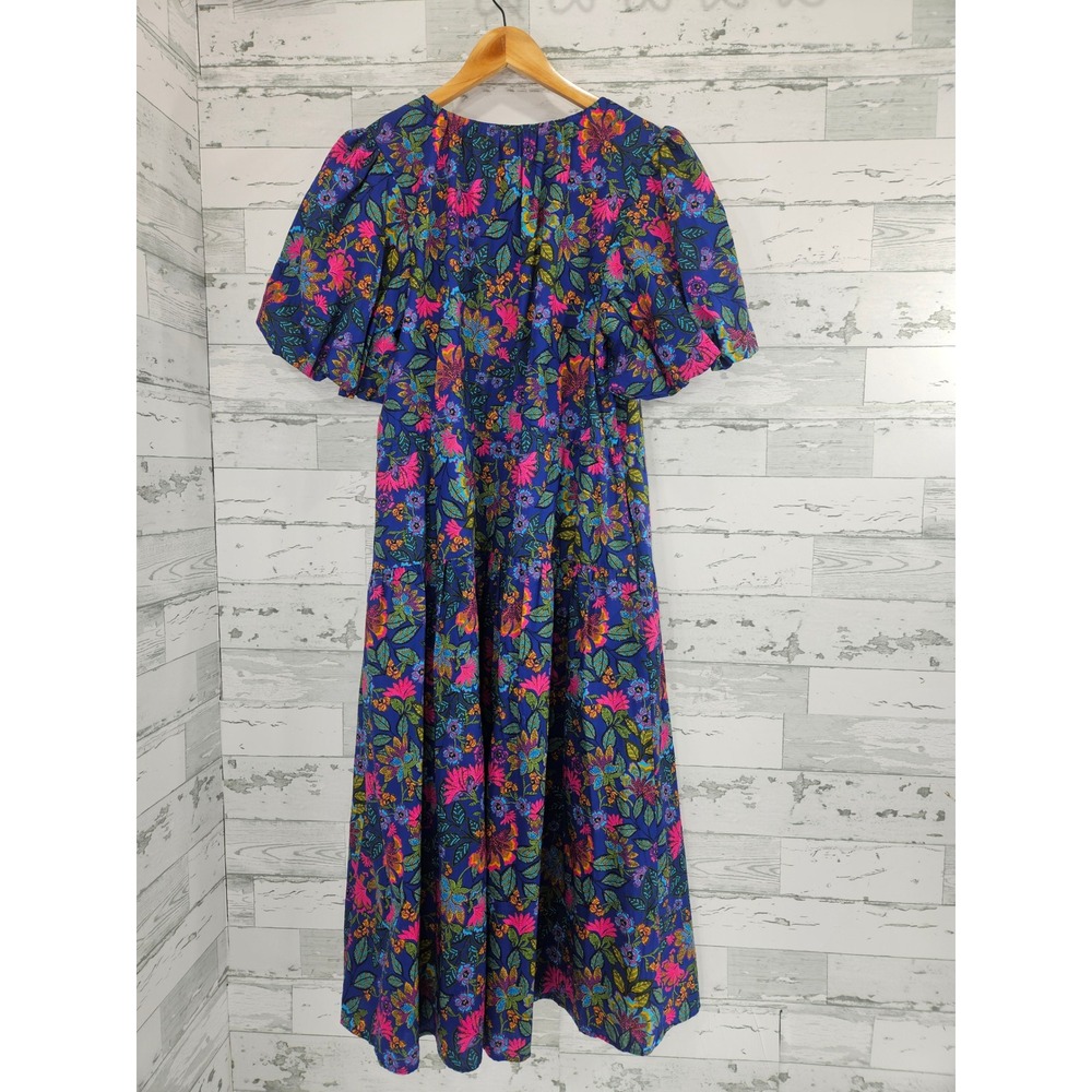 Sugarlips Blue Floral Tiered Midi Dress Puff Sleeve Pockets Medium - Picture 4 of 9